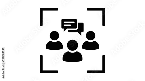 Minimalist vector graphic illustration of group communication symbols inside a targeting frame for digital marketing