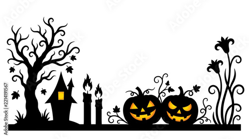 Spooky Halloween vector illustration featuring haunted tree jack o lanterns candles and mysterious house silhouettes
