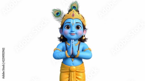3D animated little lord krishna greeting with namaste gesture on white background, for hindu festival celebration