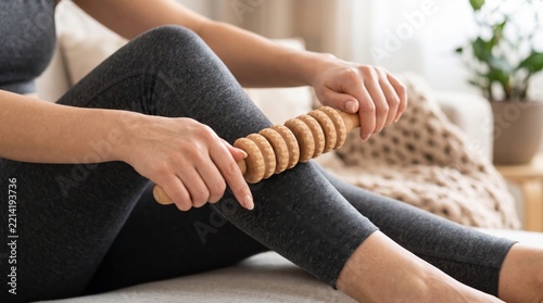 Young Caucasian woman using wooden maderotherapy roller for leg massage and anti cellulite treatment at home