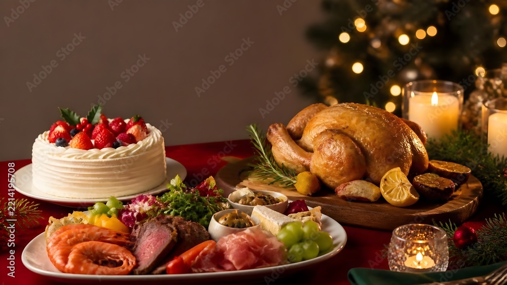 Fototapeta premium クリスマスキャンドルの柔らかな光に包まれた豪華なディナーとデコレーションケーキのパーティーテーブル