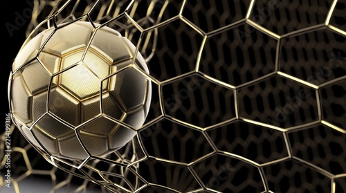Golden soccer ball hitting metallic gold net, luxury football championship goal concept, winner trophy design