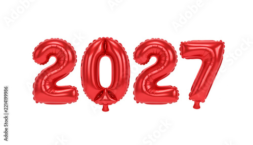 Red 2027 foil balloons isolated on white background for New Year