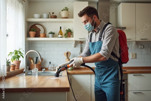 Exterminator Providing Kitchen Pest Control Services At Home