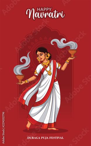 Indian woman performing dhunuchi dance for Navratri Durga Puja festival poster.