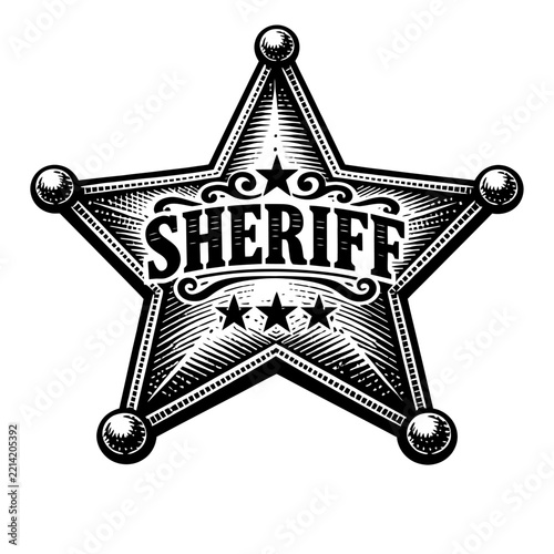 Vintage Western Sheriff Badge Star Emblem Vector Design with Ornate Engraving Details for Cowboy Law Enforcement Clothing Apparel T-Shirt Sticker Logo Print Graphic Art Illustration