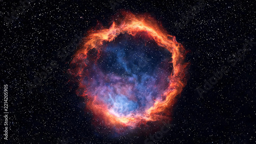 A glowing supernova remnant forms a fiery ring in deep space, surrounded by countless distant stars. This cosmic structure marks the explosive death of a massive star.