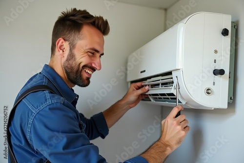 Cheerful Male Technician Fixing Air Conditioning Unit Using Screwdriver