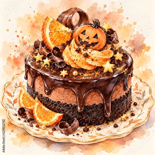 Halloween chocolate orange cake watercolor illustration with jack o lantern pumpkin, stars, and chocolate curls painting