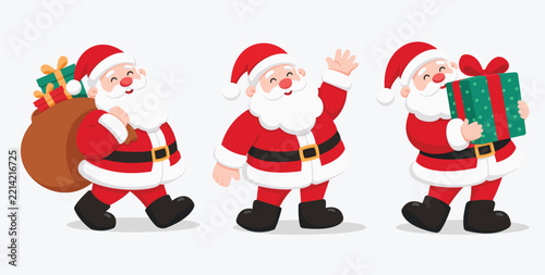 A collection of cute Santa Claus illustrations featuring three humorous full-body poses, carrying a sack of gifts, waving, and holding a Christmas present, perfect for complementing your design projec