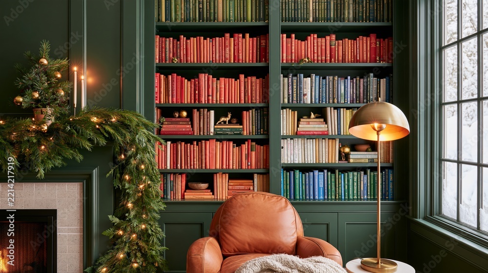 Naklejka premium Traditional home library with dark green built in bookshelves, colorful books, leather armchair, floor lamp, fireplace and decorated Christmas tree by window