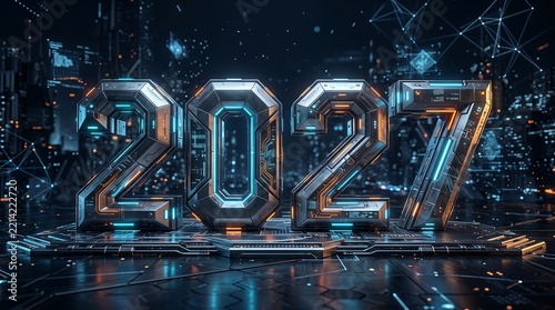 Futuristic 2027 metallic numbers glowing in a digital technology