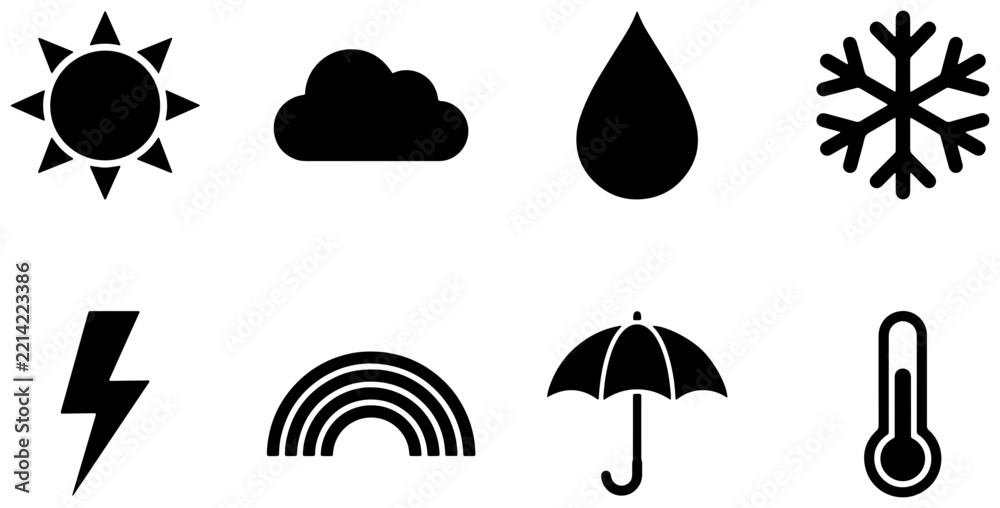 Fototapeta premium Weather condition symbols set with sun, cloud, rain drop, snowflake, lightning, rainbow, umbrella and thermometer for app and web