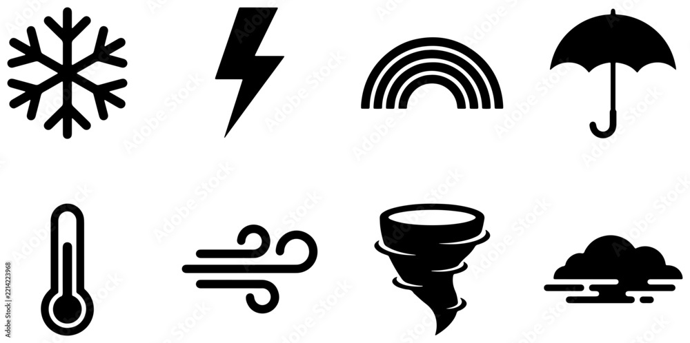Fototapeta premium Weather icons set with snowflake, lightning, rainbow, umbrella, thermometer, wind, tornado and cloud for forecast and climate apps