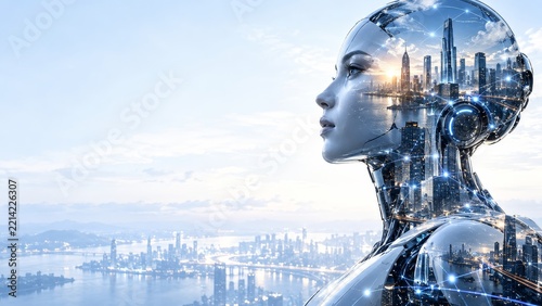 Futuristic Humanoid Robot Profile Double Exposure with Smart City Skyline