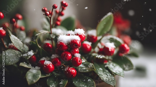 Snow-covered red berries rest delicately on lush greenery, creating a festive winter decoration with a soft-focus background that adds to the warm, inviting ambiance.