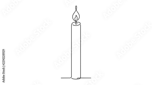 A single line drawing depicts a lit candle with a flickering flame on a white background