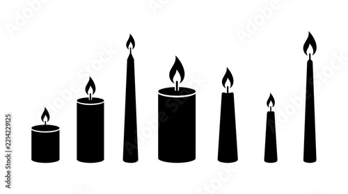 Black silhouette illustrations depict a collection of varying candle shapes with visible flames