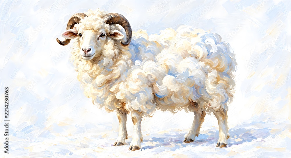 Obraz premium 油絵風の立派な角を持つ羊のイラスト 明るい背景の牡羊座・動物デザイン素材