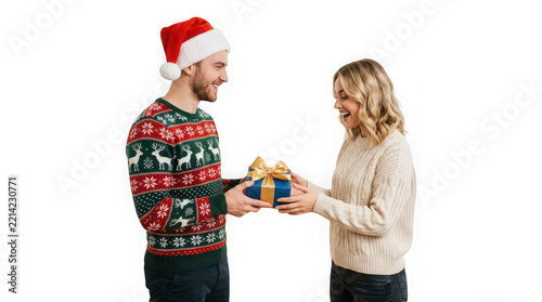 Happy couple exchanging a Christmas gift isolated on white background
