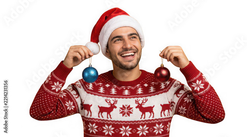 Happy man in Santa hat and Christmas sweater holding festive ornaments