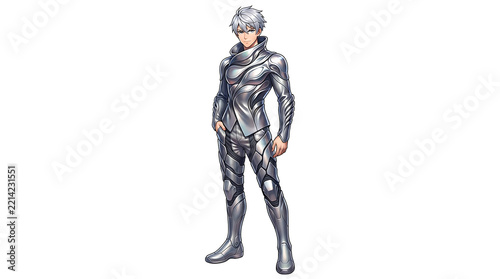 Anime style character of a young man wearing futuristic metallic silver armor