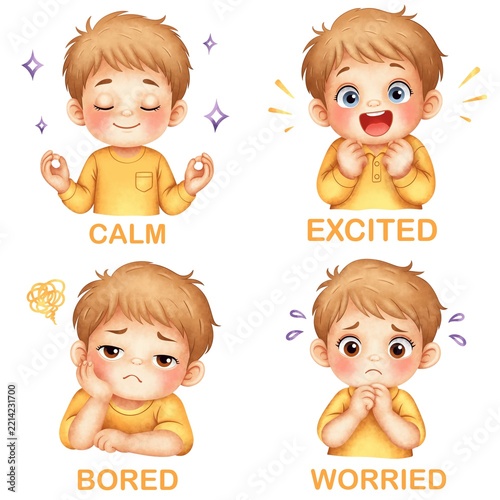 Cute boy emotions and feelings set, calm, excited, bored and worried cartoon character