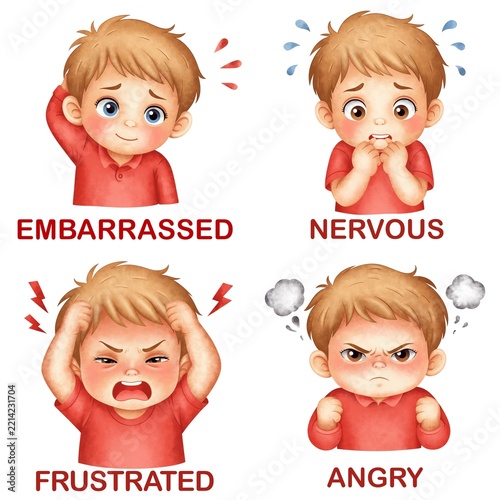 Cute boy emotions and feelings set, embarrassed, nervous, frustrated and angry cartoon character