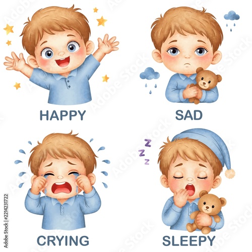 Cute boy emotions and feelings set, happy, sad, crying and sleepy cartoon character