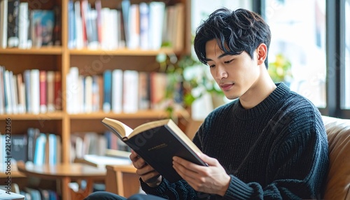 Young Japanese Man Reading a Book in Quiet Cafe Corner