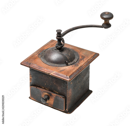 Vintage wooden manual coffee grinder isolated on white background