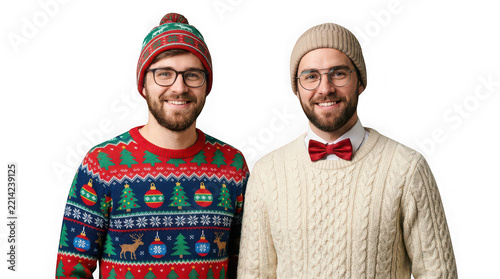 Two men in Christmas sweaters and winter hats isolated on white background