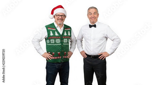 Two mature men celebrating Christmas in festive sweater and formal attire