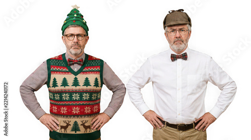 Two mature men in Christmas sweaters and festive hats isolated on white