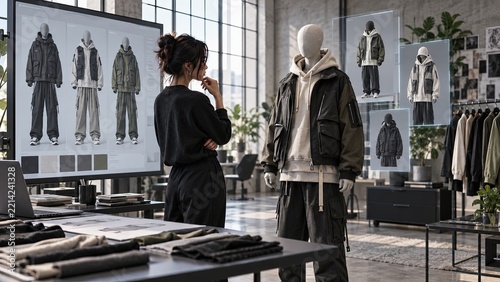 Fashion designer reviews virtual garment fittings beside a physical mannequin sample in a modern clothing studio.