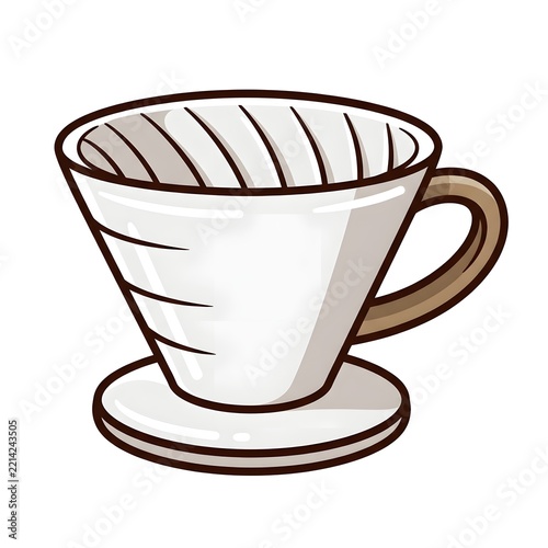 Hand Drawn White Ceramic Pour Over Coffee Dripper Isolated On A Plain Background In Cartoon Style