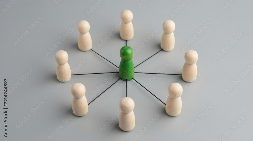 Obraz premium Green wooden figure connects with beige pieces using black lines indicating network management and teamwork corporate structure.