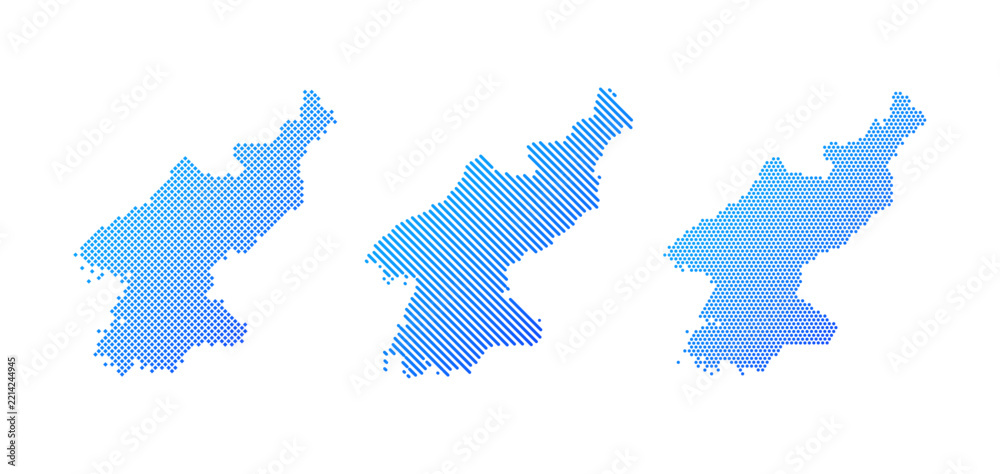 Obraz premium Korea North - Collection of stylized country silhouettes in three graphic patterns: dotted, diagonal striped and halftone. Clean blue vector designs isolated on white.
