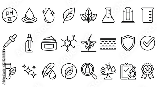 Skincare product, natural organic ingredients, and cosmetology line vector icons.