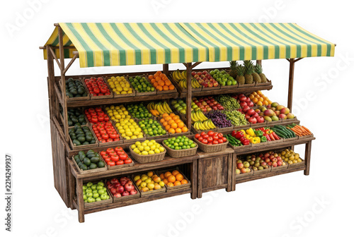 Wooden produce market stall with striped awning filled with fresh assorted fruits and vegetables isolated on transparent background