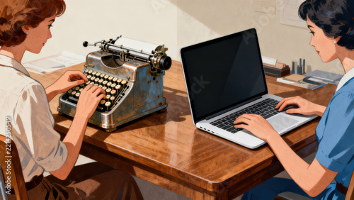 Two women, one using vintage typewriter and other using modern laptop, sit at wooden desk in bright office, highlighting contrast between old and new technology