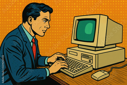 Businessman suit retro vintage computer office technology typing desk pop art style. Businessman suit typing vintage computer office desk retro pop art style with orange background focused