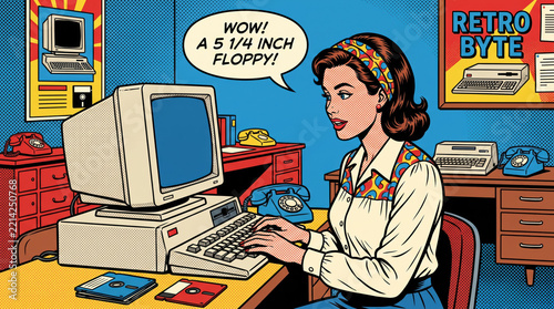 Woman computer retro office vintage technology pop art floppy disk telephone colorful cheerful desk 1980s nostalgia female electronics keyboard monitor print illustration comic graphic old