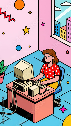 Woman computer retro cartoon office colorful cheerful window city plant desk vintage technology workspace happy interior female illustration 1980s 1990s nostalgia graphic art blue pink yellow red