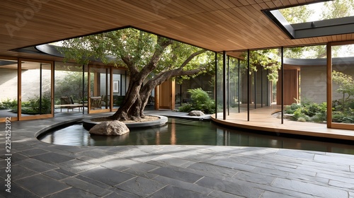 Biophilic dream home with a mature indoor tree as architectural centerpiece, floor-to-ceiling glass walls, natural stone flooring, warm oak ceiling, indoor water feature, lush greenery, organic