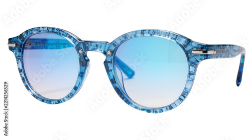Blue patterned round sunglasses with gradient lenses, isolated on transparent background