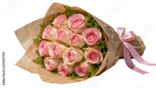 Obraz na plátně Bouquet of pink roses with green foliage tied with a pink ribbon, isolated on tr