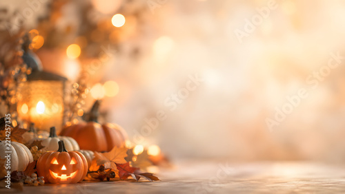 Halloween Pumpkins with Soft Cream Bokeh and Copy Space