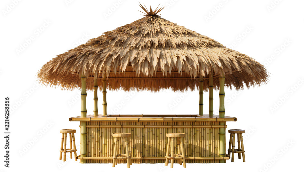 Fototapeta premium Bamboo tiki bar with thatched roof and stools, isolated on transparent background