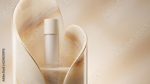 Cosmetic bottle stands elegantly inside a modern sculptural beige structure featuring organic curved lines.